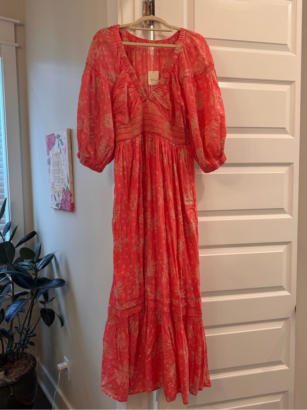 Free People Women's Coral Floral Maxi Dress with Puff Sleeves